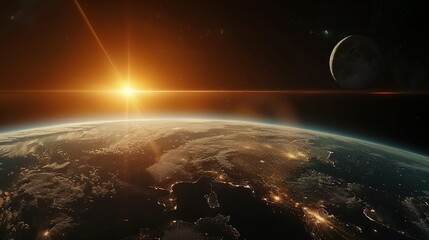 Wall Mural - Earth at Night with Sunrise and Crescent Moon