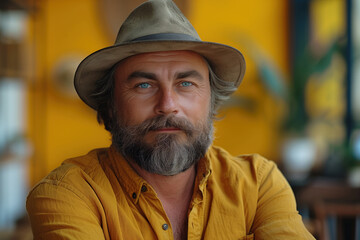 Stylish middle aged caucasian man with gray beard wearing yellow shirt and hat poses for portrait against blurred yellow interior background. Concept of fashion, elegance and mature style