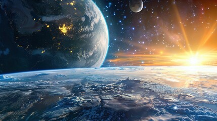 Wall Mural - A Planet's Surface with a Sunset and Stars in the Background