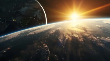 Wall Mural - Sunrise over Earth with a Distant Planet in the Background