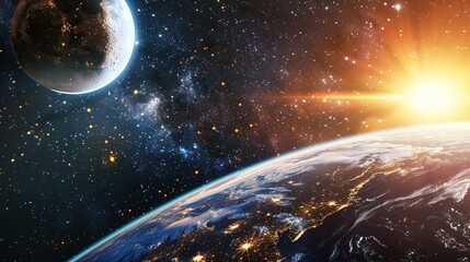 Wall Mural - Earth Viewed from Space with a Distant Moon and a Rising Sun