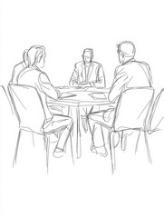 Poster - A simple sketch of three business professionals seated around a table, engaged in a discussion. It symbolizes collaboration, teamwork, brainstorming, and problem-solving.