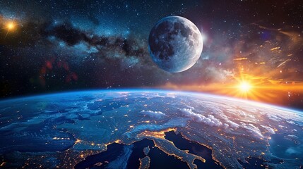 Wall Mural - Earth, Moon, Sun, and Stars in a Cosmic Scene