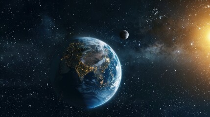Wall Mural - Earth, Moon, and Stars in a Dark Cosmic Landscape