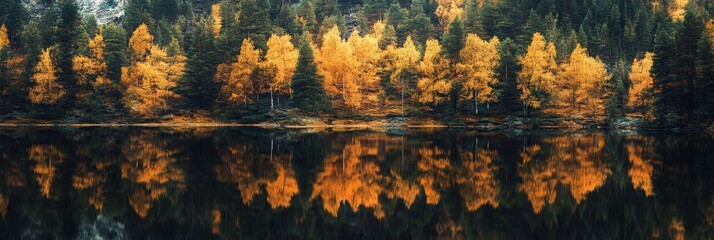 Poster - A serene lake reflects the vibrant hues of autumn foliage, showcasing the beauty of nature's transformation. The golden leaves create a picturesque scene, symbolizing tranquility, peace