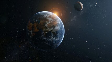 Wall Mural - Earth From Space With Sun Rays and a Nearby Planet