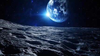 Lunar Landscape with Blue Planet Rise