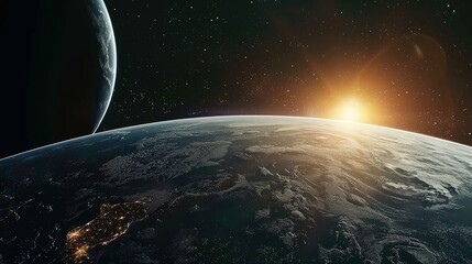 Wall Mural - Earthrise with a Distant Planet and a Sun Glowing in the Distance