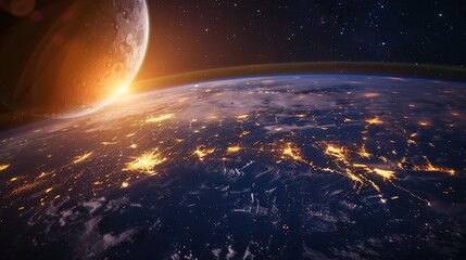 Wall Mural - Earthrise Over a Distant Moon with City Lights