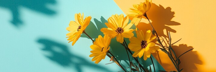 Sticker - A vibrant bouquet of yellow flowers with long stems is arranged against a blue and yellow backdrop. The flowers cast soft shadows