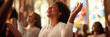 © Mickey - A woman with a radiant smile raises her hands in praise and worship, surrounded by a congregation. The image symbolizes faith, joy, community, and spiritual growth.