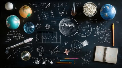 blackboard with scientific symbols, equations, and objects.