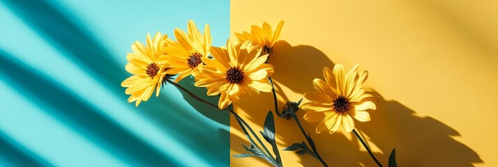 Poster - Yellow flowers with green stems against a vibrant turquoise and yellow background, showcasing the beauty of nature with soft sunlight shadows.