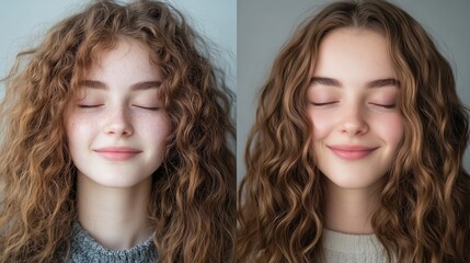 Split-screen image of a hair transformation from frizzy, unmanageable hair to smooth, healthy locks. Smiling girl, happy satisfied after her hair treatment.