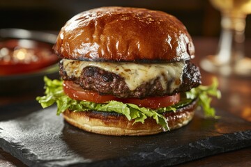 A closeup view of a juicy beef burger featuring melted cheese, crisp lettuce, and ripe tomatoes on a toasted bun, set on a rustic table with inviting warm lighting