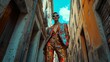 © Vivid Canvas - A confident model showcases a bold and colorful outfit in a narrow urban alleyway, exuding flair and modern style.