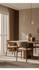 Wall Mural - Sunlight streams through sheer curtains, casting gentle shadows on a stylish table surrounded by elegant wooden chairs and decorative vases