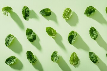 fresh mint leaves are neatly arranged in an organized pattern against a tranquil light green backgro