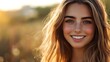 © Vivid Canvas - A beautiful American woman. United-States. A beautiful American woman. A young woman with long, wavy hair smiles warmly in a sunlit field, embodying joy and natural beauty.  #wotw