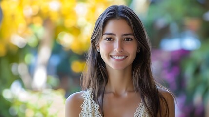 A beautiful Argentinian woman. Argentina. A beautiful Argentinian woman. A young woman with a warm smile stands in front of a vibrant, blurred outdoor background, radiating positivity and conne. #wotw