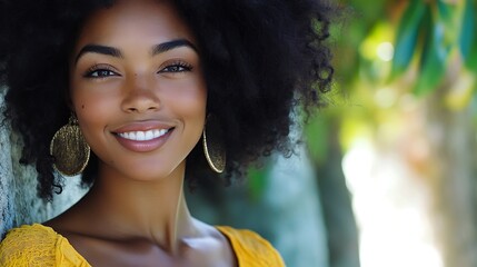 A beautiful Bahamian woman. Bahamas. A beautiful Bahamian woman. A joyful young woman with curly hair smiles warmly against a natural backdrop, radiating beauty and confidence.  #wotw