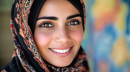 Wall Mural - A beautiful Bahraini woman. Bahrain. A beautiful Bahraini woman. A smiling woman wearing a colorful hijab against a vibrant blurred background, exuding warmth and positivity.  #wotw