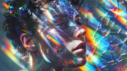 Wall Mural - A young artist showcases intricate reflective paint on their face, surrounded by vibrant light reflections in a creative urban space