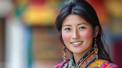 A beautiful Bhutanese woman. Bhutan. A beautiful Bhutanese woman. A radiant young woman in traditional ethnic attire smiles warmly against a vibrant background, showcasing her cultural beauty.  #wotw