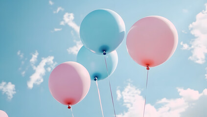 pastel blue and pink helium balloons soaring in the sky