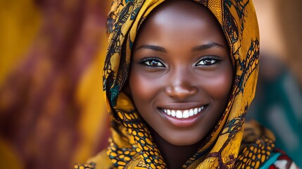 Wall Mural - A beautiful Chadian woman. Chad. A beautiful Chadian woman. A young woman wearing a vibrant patterned headscarf smiles warmly, reflecting cultural beauty and joy.  #wotw