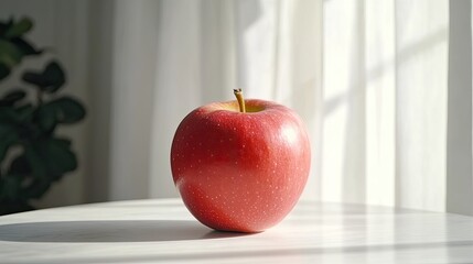 Wall Mural - A crisp red apple with a green stem sits alone on a white table, highlighting its natural beauty.