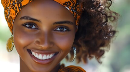 A beautiful Eritrean woman. Eritrea. A beautiful Eritrean woman. A radiant young woman with curly hair and a vibrant orange headwrap smiles warmly, showcasing her confident and joyful spirit.  #wotw