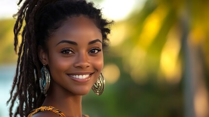 A beautiful Grenadian woman. Grenada. A beautiful Grenadian woman. A close-up portrait of a smiling woman with long dark hair and hoop earrings, exuding warmth and confidence in a lush outdoor . #wotw