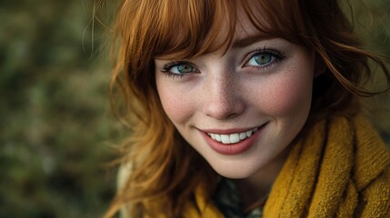 A beautiful Irish woman. Ireland. A beautiful Irish woman. A close-up portrait of a smiling young woman with red hair wearing a mustard-colored scarf, set against a soft, natural background.  #wotw