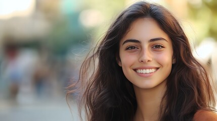 Wall Mural - A beautiful Israeli woman. Israel. A beautiful Israeli woman. A young woman with long, wavy hair smiles warmly at the camera, capturing a joyful and approachable essence in a vibrant outdoor se. #wotw