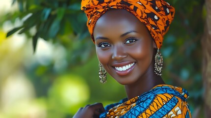 Wall Mural - A beautiful Kenyan woman. Kenya. A beautiful Kenyan woman. A vibrant portrait of a smiling woman adorned in culturally rich attire, showcasing beautiful patterns and an eye-catching headwrap ag. #wotw