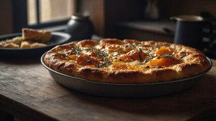 Delicious focaccia bread in pan and served on table.