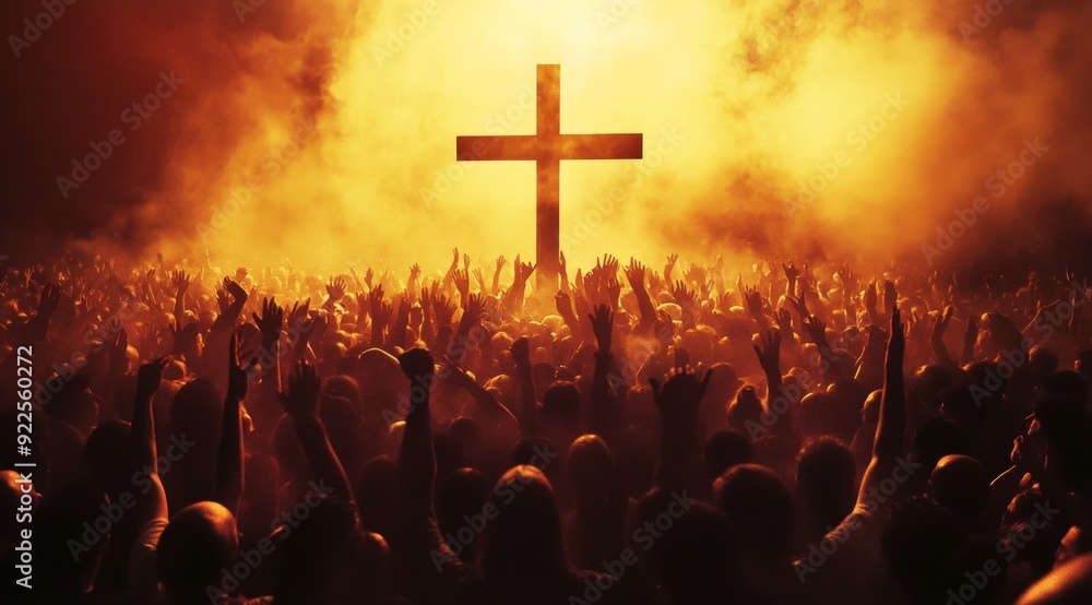 A large crowd of people raising their hands in worship before a glowing ...