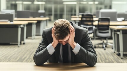 A young European man in a suit sitting with his head in his hands at a desk in a dimly lit, empty office, suggesting deep frustration or despair. The image portrays feelings of loneliness, stress, and