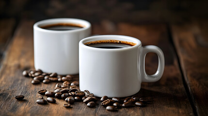 Wall Mural - Brewed coffee in white mugs on wood surfaces with coffee beans