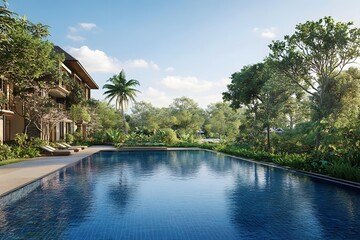 Wall Mural - Tropical Resort Swimming Pool with Palm Trees and Lush Greenery