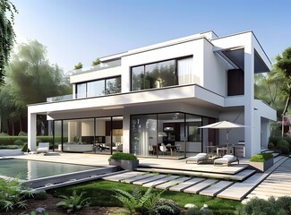 Sticker - Modern White House with Pool and Garden