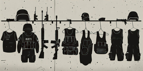 The Soldier's Loan: A military base armory with rows of weapons, helmets, and vests hanging on racks.