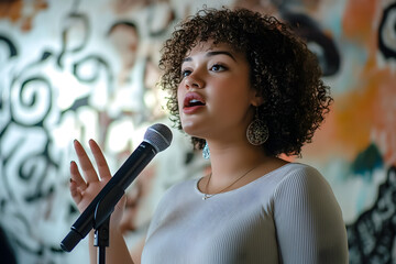 Sticker - Curly-haired woman speaking into a microphone against an artistic backdrop. plus-size young woman in a spoken word poetry session