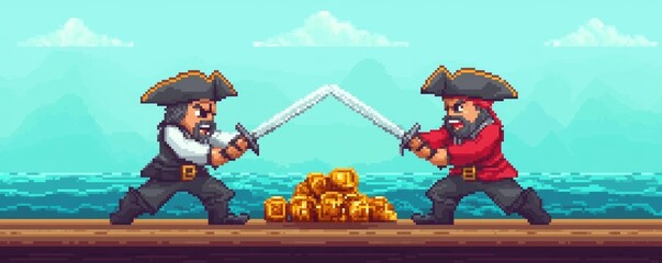 A pixel art pirate duel on the high seas, with cartoon swords clashing and treasure at stake