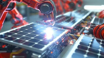 Poster - Robotic assembly line close-up of robotic arms fitting and securing roof-mounted solar panels