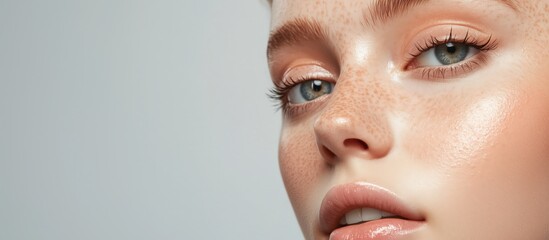 A close-up of a young woman with flawless skin, subtle freckles, posing for a cosmetic ad against a white background. Banner wallpaper with copyspace