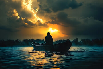 Wall Mural - Silhouette of Jesus Christ in a boat calming the storm, symbol of peace and authority over nature.