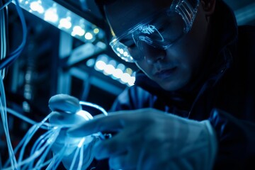 Close up of a technician working with wire in server room