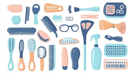 Vector illustration set of various hairdressing supplies, including tools for pet care like washing, brushing, drying, and grooming